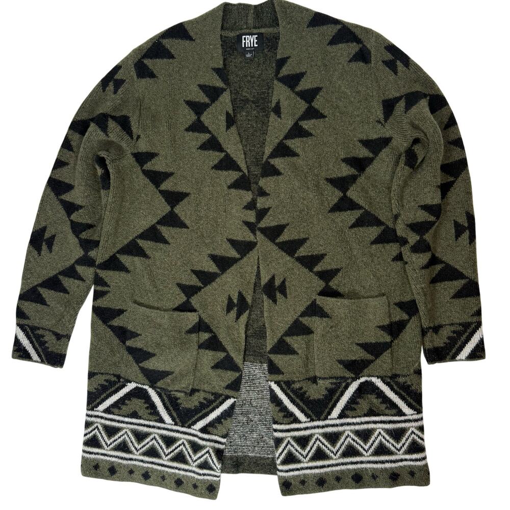 Frye Long Cardigan Sweater Women’s Large Green Black Aztec Knit Layering